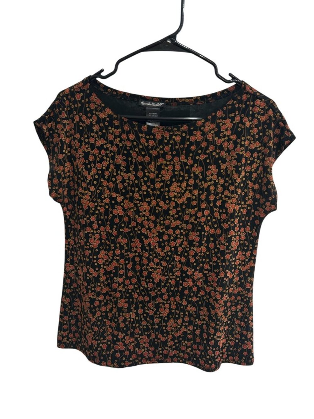 Alexandra Bartlett Red Black Floral Cap-Sleeve Top Size M Retro Floralcore